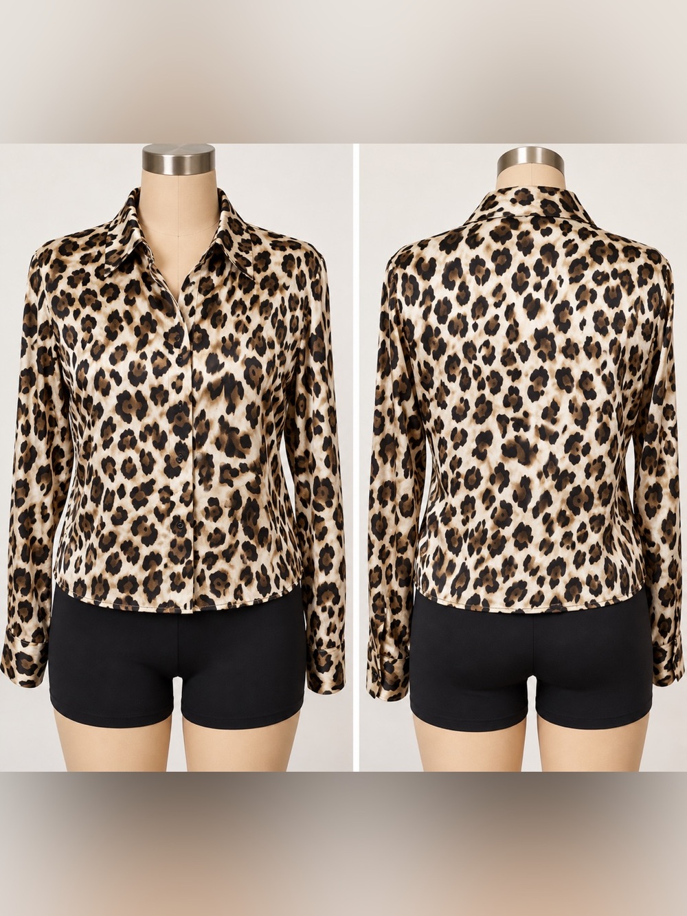 Ambiance Leopard Satin Button-Down Shirt - Beige & Black